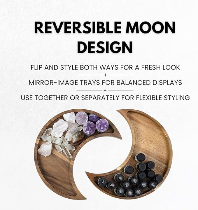 Walnut Moon Crystal Display Tray - Gothic Wooden Altar Tray 9.5" x 4.5" for Crystals and Stones Storage - Solid Wood Jewelry Organizer Dish - Spiritual Decor