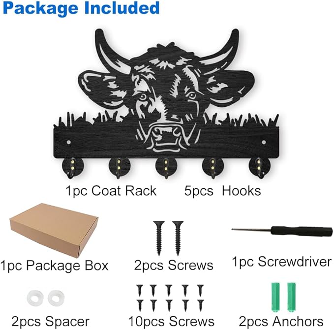 MAYJOYDIY Cow Coat Rack Wall Mount 11.8×7.9inch Wood Farm Animal Wall Art Decor Bull's Head Key Holder for Wall 5 Alloy Hooks Black Key Hanger Hat Towel Wall Hook for Entryway Living Room Bedroom Gift