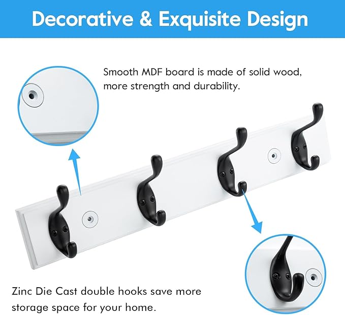 HOME MASTER HARDWARE Coat Rack Wall Mount White, MDF Wall Mounted Coat Hooks for Hanging Coats, 16" Hat Rack for Wall with 4 Matte Black Hooks
