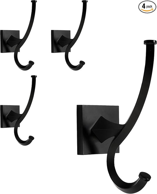 TUNNY 4 Pack Vintage Wall Hooks-Matte Black Coat Hooks Towel Hook for Hanging Heavy Duty Bathroom Hook Hat Hook Double Wall Mounted Coat Hanger