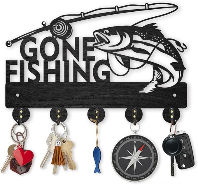MAYJOYDIY Wood Gone Fishing Coat Rack Wall Mount Key Holder for Wall 11.87.9inch Black Lake Fish Key Rack Hangers 5 Alloy Hooks Wall Art Decor for Entryway Front Door Lover Gift
