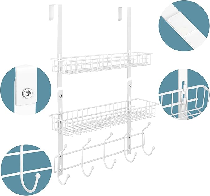 Over The Door Hanger with 2 Mesh Baskets 5 Hooks, Detachable Storage Organizer Rack for Coats, Hats, Handbags,Towels, Easy Install Metal Hanging Hook Rack Shelf, White