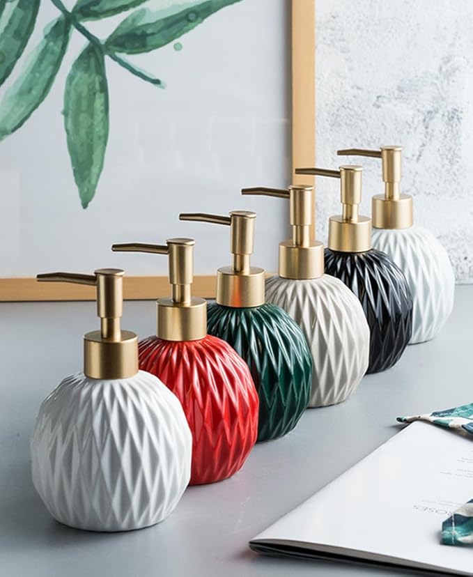 Ceramic Soap Dispenser White with Gold Pump,Modern Design Cylindrical Lotion Dispenser Bottle,Refillable Liquid Hand Soap Dispenser for Kitchen,Bathroom,Washroom