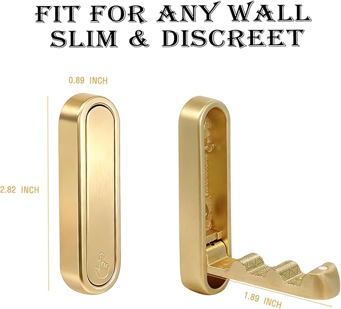 Foldable Gold Wall Hooks for Hanging Purses, Heavy Duty Folding Coat Hooks, 2 Pack Purse Hook for Wall that Stays Flat, Towel Robe Hooks for Bathroom, Closet, Entryway, Zinc Alloy ﻿ ﻿