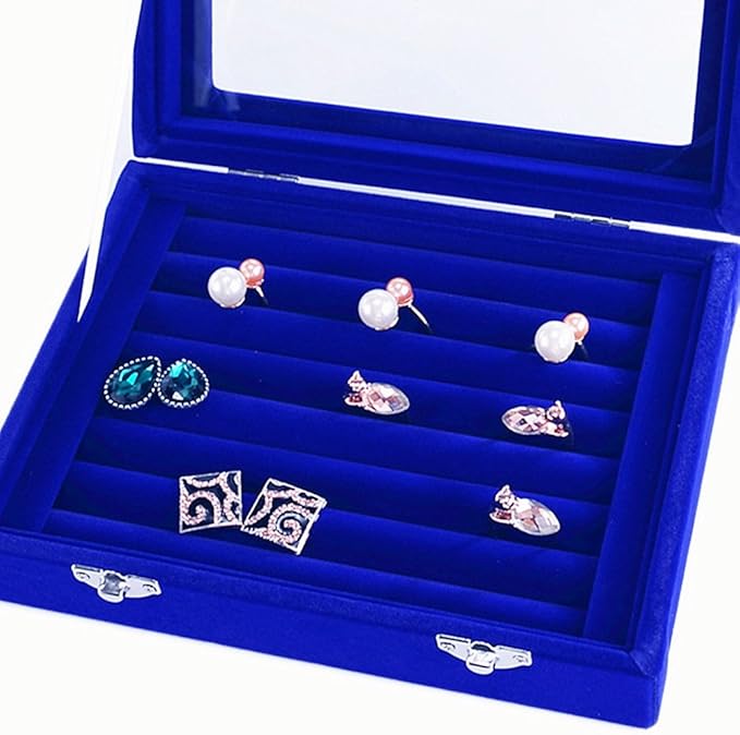 Velvet Glass Jewelry Display Storage Box Ring Earrings Jewelry Box Ring Holder Case, 2 Clasps