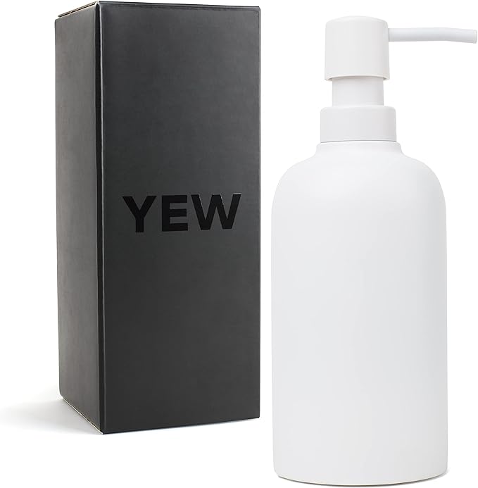 Matte White Round Soap Dispenser for Kitchen & Bathroom – 15 oz Refillable Resin Pump Bottle for Dish Soap, Hand Soap, Shampoo, Conditioner – Modern Countertop Dispenser with Non-Slip Protective Pads