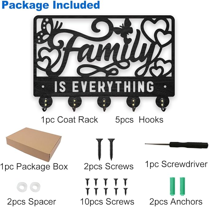 MAYJOYDIY Family is Everything Wood Key Holder for Wall 11.8x7.8inch Butterfly Heart Wall Mounted Key Hooks Coat Hanger Rack with 5 Alloy Hooks for Gift Entryway Front Door Kitchen Office Decor