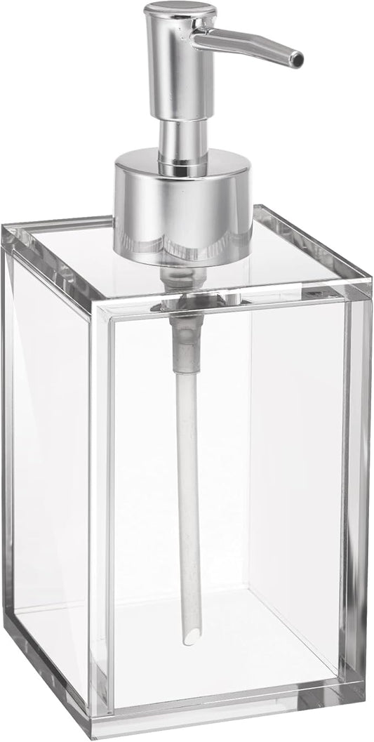 Clear Acrylic Refillable Liquid Hand Soap Dispenser with Rust Proof Stainless Steel Pump, Modern Square Bathroom Vanity Soap Dispenser | 12 oz, 1 Pack