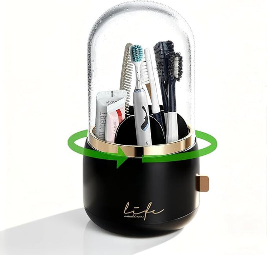 360° Rotating Toothbrush Holder for Bathroom, 7-Slot with Cover & Drainage for Electric Toothbrushes, Toothpaste, Razors - Stand Storage for Vanity, Bathroom Accessories, Countertop Organize (Black)