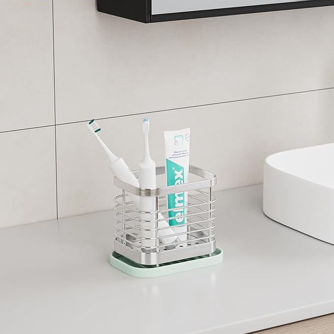 Tooth Brush Holder for Bathroom, Stainless Steel Shower Electric Toothbrush Holder Organizer Storage Cup with Tray, Kids Toothpaste Sink Caddy Stand, Silver Bathroom Countertop Accessories Decor