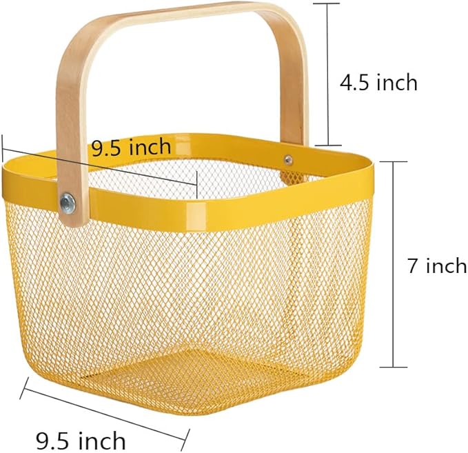 Mesh Steel Storage Organizer Basket Fruit Basket Bin with Wood Handle Ideal for Kitchen Bathroom Picnic Baskets Pantry Cabinets Storage Home Decor (Lemon Yellow)