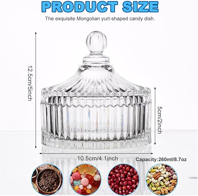 280ML/10Oz Candy Dishes Crystal Glass Candy Box with Lid Decorative Covered Food Storage Organization Sugar Bowl Cookie Jar Biscuit Jar Seasoning Jar for Home Kitchen(Clear)