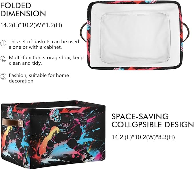 Storage Basket Colorful Abstract Ice Hockey Player Durable Canvas Collapsible Toy Box Organizer Bin with Handles for Shelf Closet Bedroom Home Office