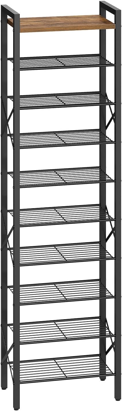 10-Tier Narrow Shoe Rack, Tall Shoe Rack for 10-20 Pairs, Slim Shoe Storage Organizer with Wooden Top, Space Saving, Metal Frame, for Entryway, Rustic Brown and Black SS68BR