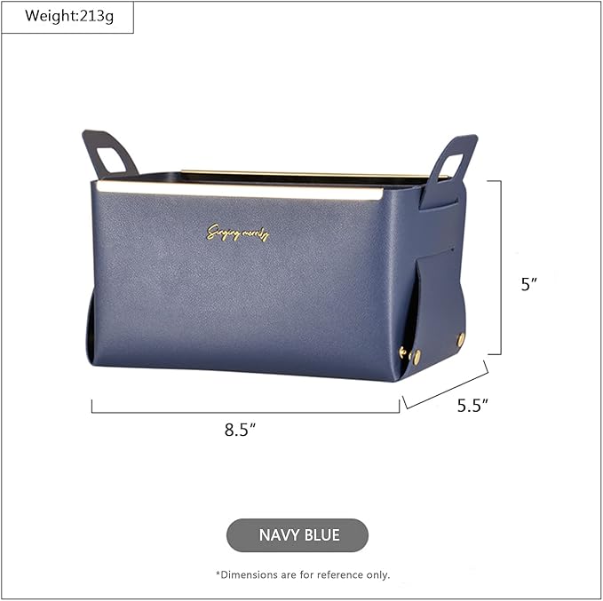Foldable Basket Organizers and Storage,Small Storage Bin with Handles,Faux Leather Decorative Tray for Bath,Vanity,Entryway (Navy)