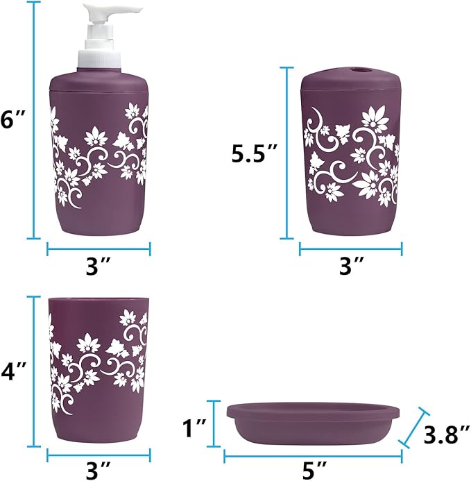 Blue Donuts Bathroom Accessories Set Complete, Toilet Brush and Holder, Trash Can, Toothbrush Holder, Purple, 6 Pieces