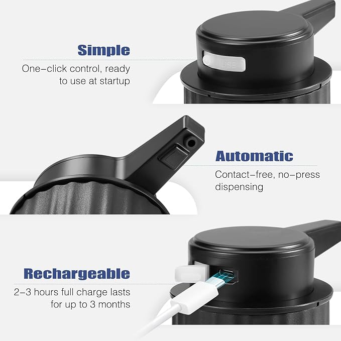 Automatic Soap Dispenser Liquid Touchless: 9oz Plastic Black - Rechargeable Electric Smart 3-Level Adjustable Modern Auto Soap Dispenser - Bathroom Kitchen Hand Dish Lotion