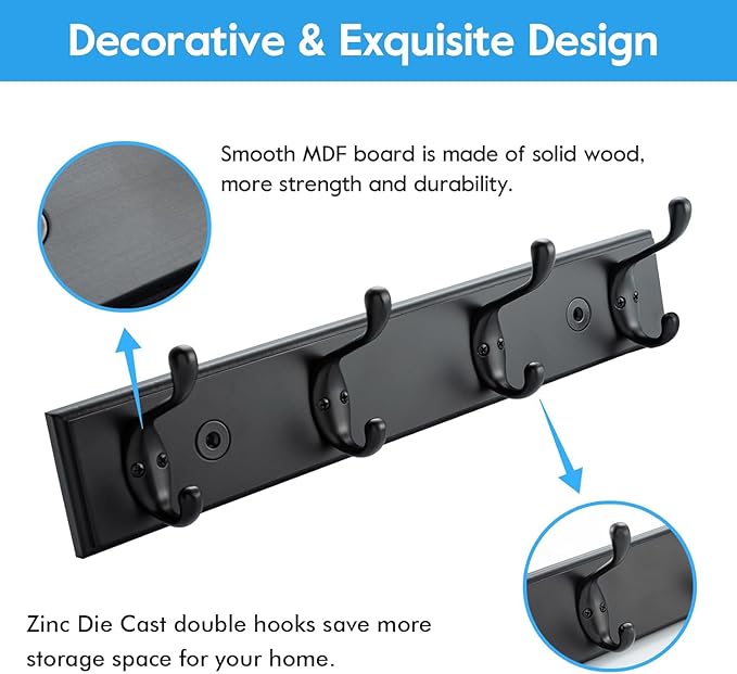 HOME MASTER HARDWARE Coat Rack Wall Mount Black, MDF Wall Mounted Coat Hooks for Hanging Coats, 16" Hat Rack for Wall with 4 Hooks