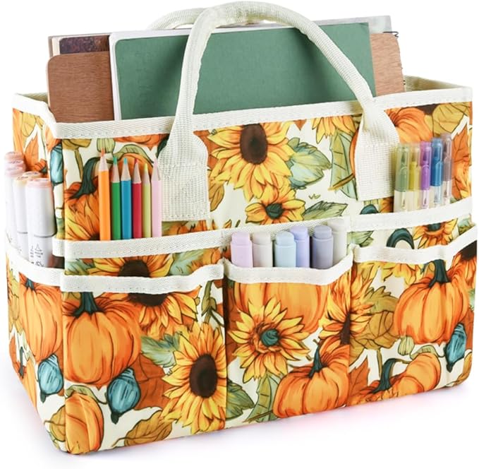 E-WEICHEN Craft Organizer Tote Bag Art Storage Caddy with Multiple Pockets Containers for Art,Craft,and Office Supplies Storage.Pumpkin Flower