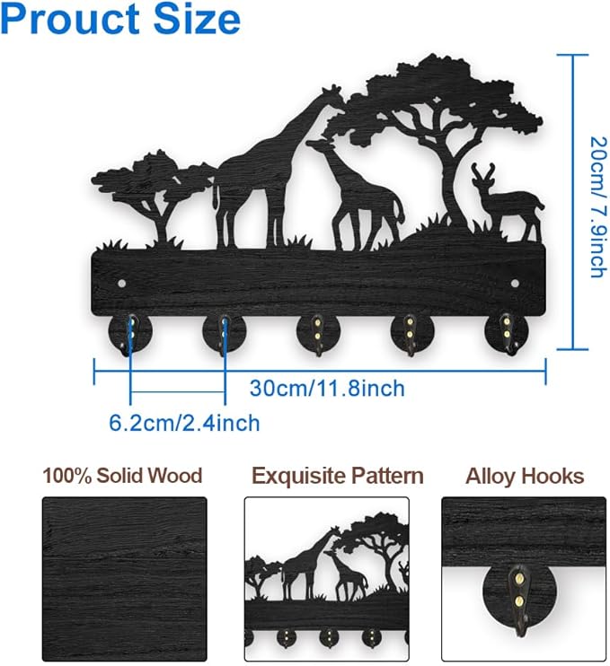 MAYJOYDIY Africa Giraffe Coat Rack Wood Key Holder 11.87.9inch Giraffe Family Deer Decorative Wall Hooks 5 Alloy Hooks Animal Tree Black Wall Hanger for Gifts Entryway Room Home