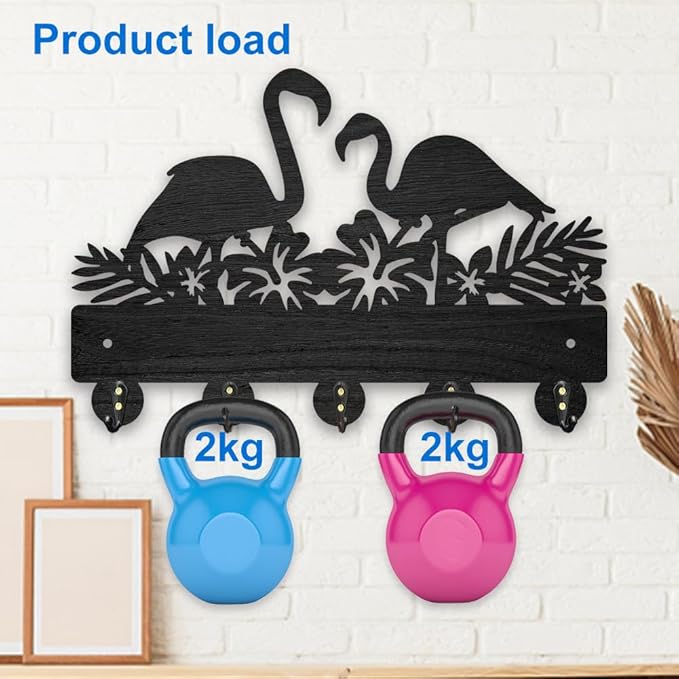 MAYJOYDIY Flamingo Flower Coat Rack Wall Mount Wood Key Holder for Wall 11.8×7.9inch Bird Tropical Leaves Decorative Wall Hooks 5 Alloy Hooks Hibiscus Flower Black Wall Hanger for Gifts Entryway Room