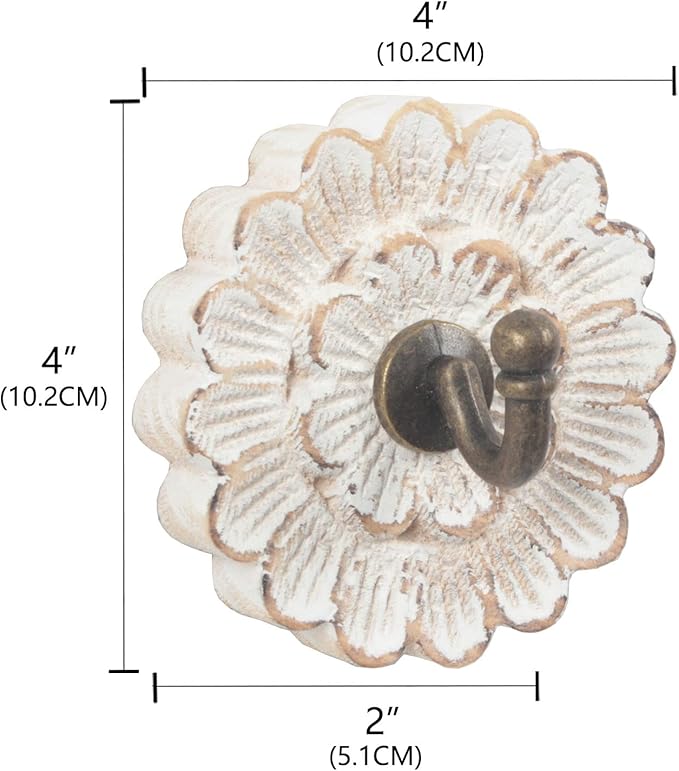 Distress Wood Flower Coat Hooks for Wall Hanging, Single Small Vintage Decorative Hanger for Keys, Bags, Towels (Robe Hanger S/2)