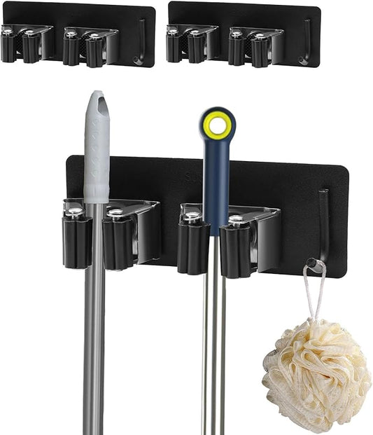 CEYAZYE 3Pack Broom & Mop Holder Wall Mount Organizer, Stainless Steel Broom & Mop Hanging Command Utility Tool for Garage, Storage, Home, Kitchen, Garden, Laundry Room (6 Racks & 3 Hooks, Black)
