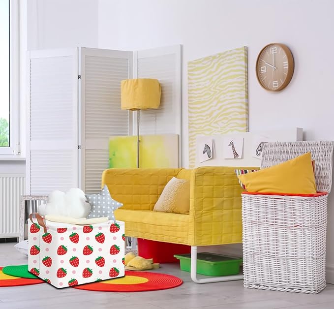 Rectangular Storage Basket Empty, Storage Bin with Handles, Room Decor, Gift Basket, Book Box(Strawberry)