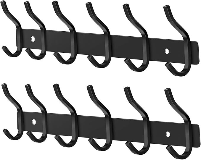 Wall Hooks Heavy Duty, 17 Inch Coat Rack Wall Mount with 6 Hooks, Black Wall Hooks for Entryway, Bathroom - for Hanging Backpack, Bag, Coat, Purse, Hat, Towel, Clothes,2 Packs