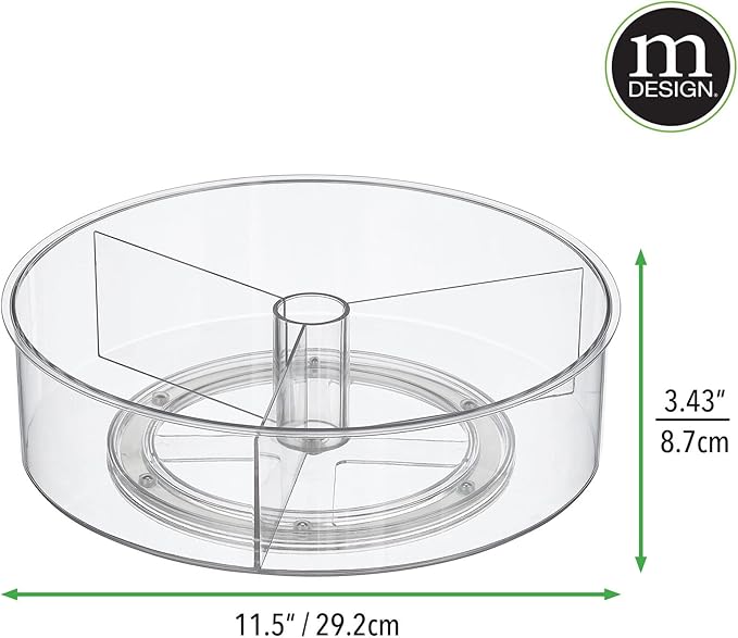 mDesign Lazy Susan Turntable Divided Plastic Spinner - Kitchen/Bathroom, Pantry, Fridge, Cupboard or Counter Organizing, Fully Rotating Food Organizer - 11.5" Round, Lumiere Collection - Clear
