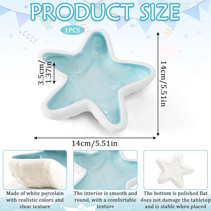 Starfish Jewelry Dish Tray Blue Ceramic Jewelry Holder Ring Dish Ocean Style Trinket Tray for Rings Earrings Necklaces Bracelet Jewelry Keys Table Decoration Supplies