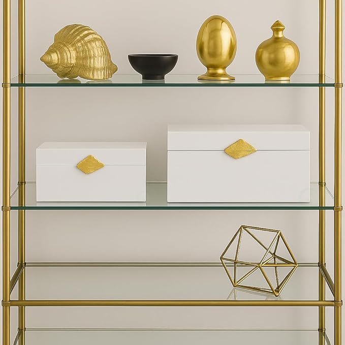 Vintiquewise Set of 2 Decorative Wooden Storage Boxes with Gold Accent – Boxes for Keys, Jewelry, Makeup, Accessories, Crafts, Gadgets, Home Office, Living Room, Bedroom & Entryway Décor, White