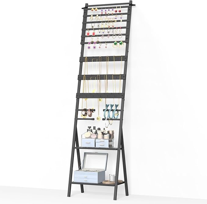 Jewelry Organizer Stand Floor Jewelry Holder Stand with Necklace Holder Earring Floor Stand, Tall Jewelry Armoire for Watches, Rings, Bangle, 54 Holes Metal Earring Rack, Black