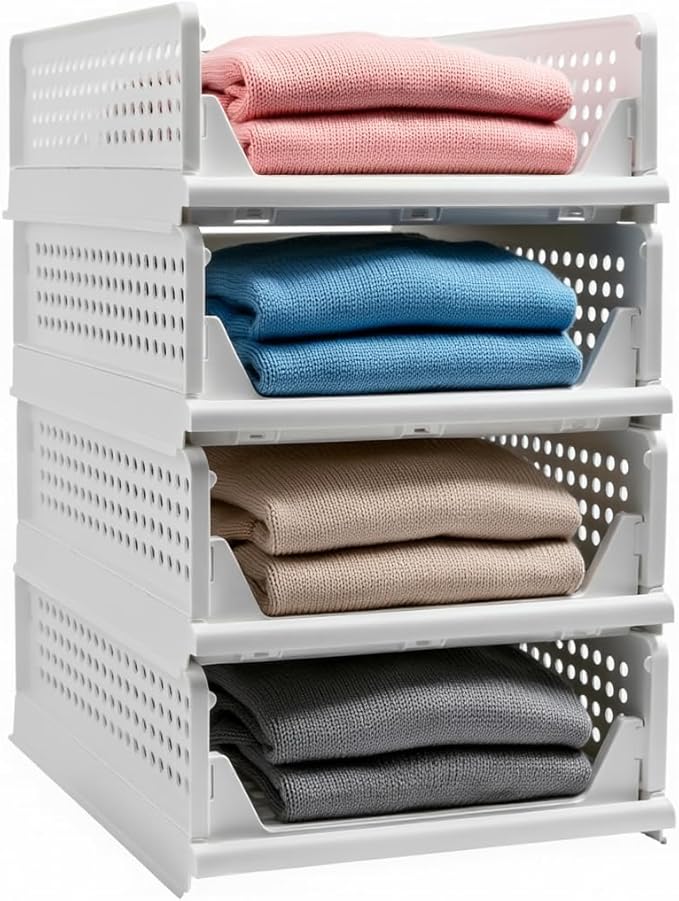 Stackable Foldable Storage Baskets, Folding Storage Bins, Closet Organizers and Plastic Drawer Shelf Storage Container for Wardrobe, Cupboard, Kitchen, Bathroom, Office (White, 4S)