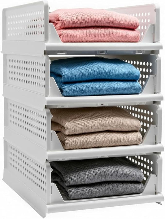 Stackable Foldable Storage Baskets, Folding Storage Bins, Closet Organizers and Plastic Drawer Shelf Storage Container for Wardrobe, Cupboard, Kitchen, Bathroom, Office (White, 4S)
