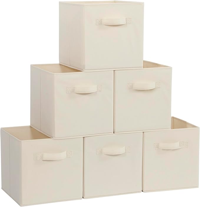 Storage Cubes, 11 Inch Cube Storage Bins, Set of 4, Fabric Foldable Storage Bins With Handles, Closet Storage Organizer Bins, Cubby Clothing Storage Baskets for Shelves, Beige