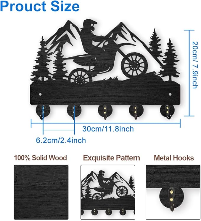 MAYJOYDIY Motorcycle Mountain Forest Coat Hooks, Wall Mounted 11.8x7.9in, 5 Alloy Hooks, Rust Resistant, Wooden Key Holder, Black, 35 Pound Weight Capacity