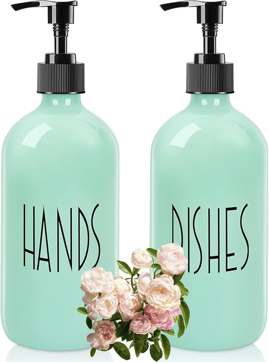 Dish Soap Dispenser for Kitchen - 16 OZ Glass Hand Soap Dispenser Set - Kitchen Bathroom Decor and Accessories (Turquoise Green)