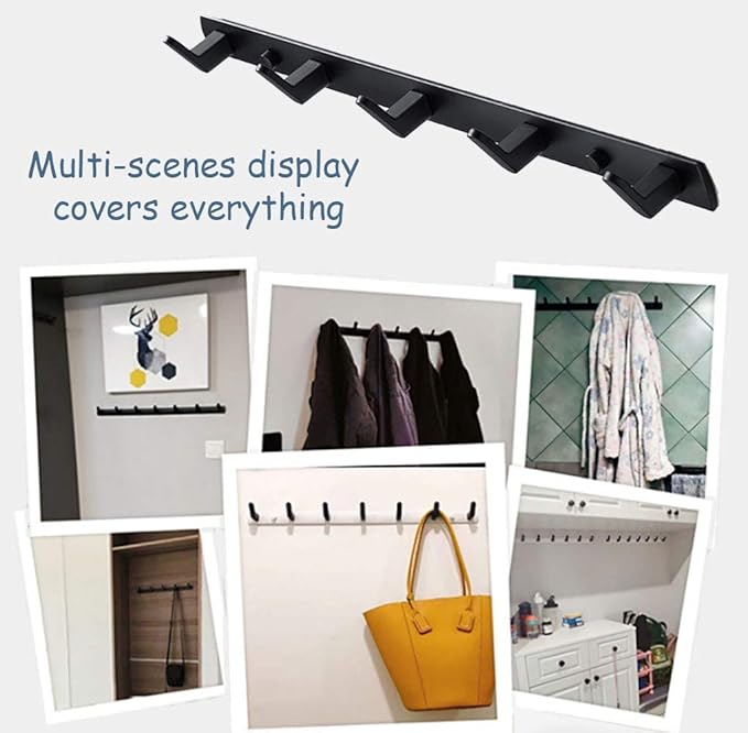 Wall Mounted Coat Racks with 6 Hooks Hanging Holder Towel Rack 21.7"x1.3" Modern Black Hanging for Clothes Entryway Bathroom (6 Hooks)