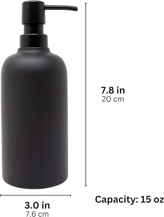 Matte Black Round Soap Dispenser for Kitchen & Bathroom – 15 oz Refillable Resin Pump Bottle for Dish Soap, Hand Soap, Shampoo, Conditioner – Modern Countertop Dispenser with Non-Slip Protective Pads