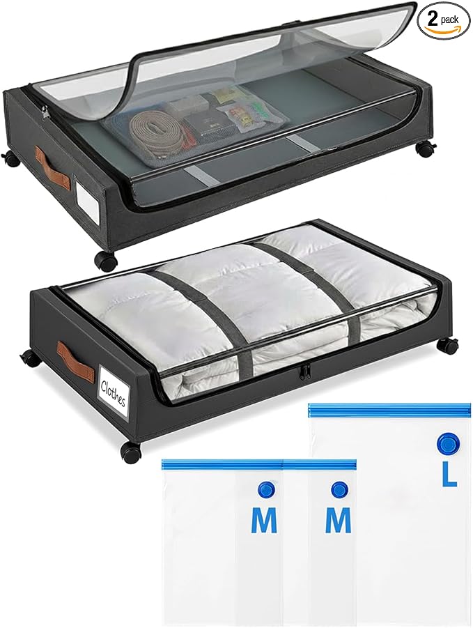 Under Bed Storage with Wheels, XXL Under Bed Drawers, Rolling Metal Drawer for Shoes, Clothes, Books, Toys, Under Bed Organizer with Clear Lids for Dorm Room, Bedroom, Kids Room, 2 Pack