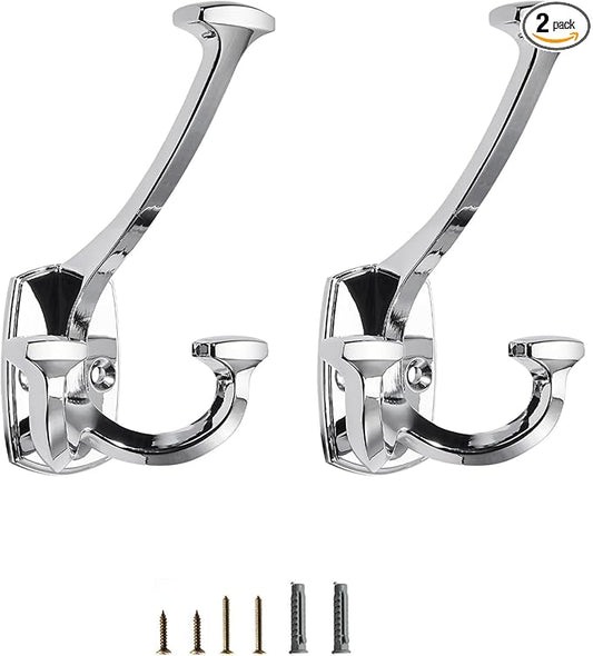 Polished Chrome Hooks Large Wall Mounted Decorative Solid Heavy-Duty Double-Sided Coat Hooks for Hanging Towels Coats Robes Towels Bag Bathroom Wall Hooks (2 Pack)
