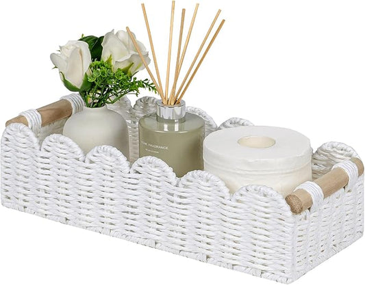 CubesLand Scalloped Edge Toilet Paper Storage Basket, Living Room Home Cozy Decor Basket, Paper Rope Small Baskets for Over Toilet Storage Shelf, End Table, Shelves, with 2 Wooden Handles, White