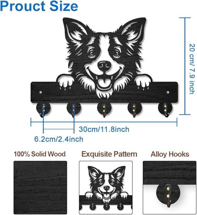 MAYJOYDIY Border Collie Key Holder for Wall Decorative Dog Leash Hanger Peeking Dog Wood Key Hooks 11.8×7.9inch with 5 Alloy Hooks for Entryway Front Door Kitchen Office Decoration