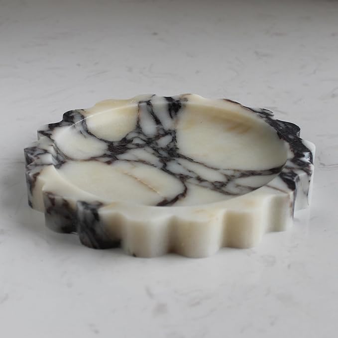 Natural Small Calacatta Viola Marble Tray 6.3", Round Scalloped Tray for Nightstand Dresser, Jewelry Tray for Women's Gift