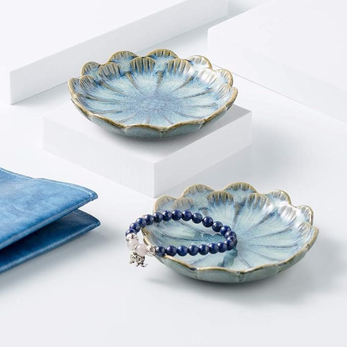 ring holder, flower shape decorative earring stand, jewelry tray, key bowl, trinket dish for women and friends, flower blue