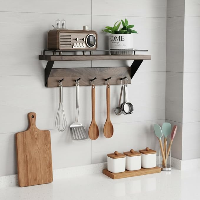 Coat Rack Wall Mount with Shelf - Natural Walnut Wall Shelf with Hooks, Entryway Floating Shelves with 5 Hooks and Metal Frame for Bags, Hats, Kitchen, Living Room, Bedroom