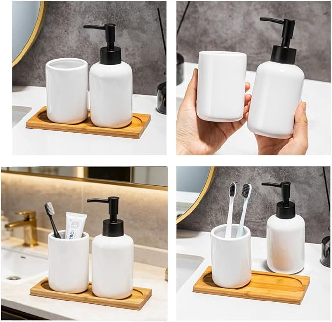 White Ceramic Soap Dispenser and Toothbrush Holder,3-Piece Bathroom Accessories Set Modern Cylinder Countertop Bath Set,Liquid Hand Soap Dispenser,Tumbler Cup,Wooden Vanity Tray