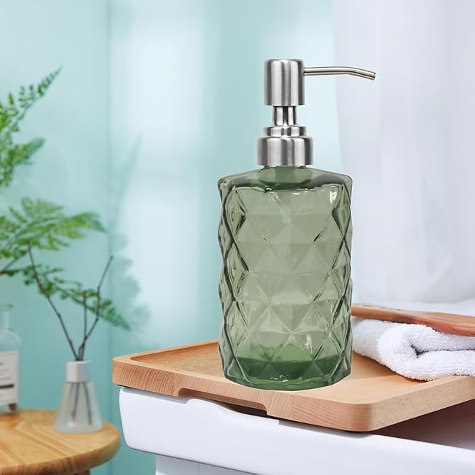 12Oz Green Soap Dispenser Bathroom - 2 Pack, Clear Glass Hand Soap Dispensers with Stainless Steel Pump, Refillable Dish Soap Dispenser for Kitchen, Countertop Soap Dispensers