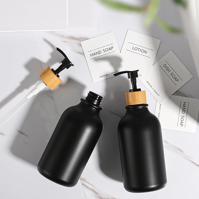 Black Soap Dispenser, 4 Pack Hand Soap Dispenser Bathroom with Bamboo Pump,17 Fl Oz Plastic Hand and Dish Dispenser Set for Kitchen, Refillable Liquid Soap and Lotion Dispensers Bottle